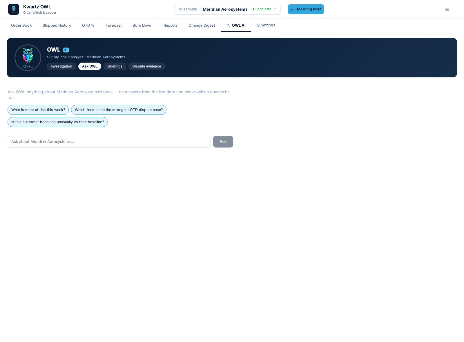 Ask OWL panel with suggested questions about risk and OTD disputes
