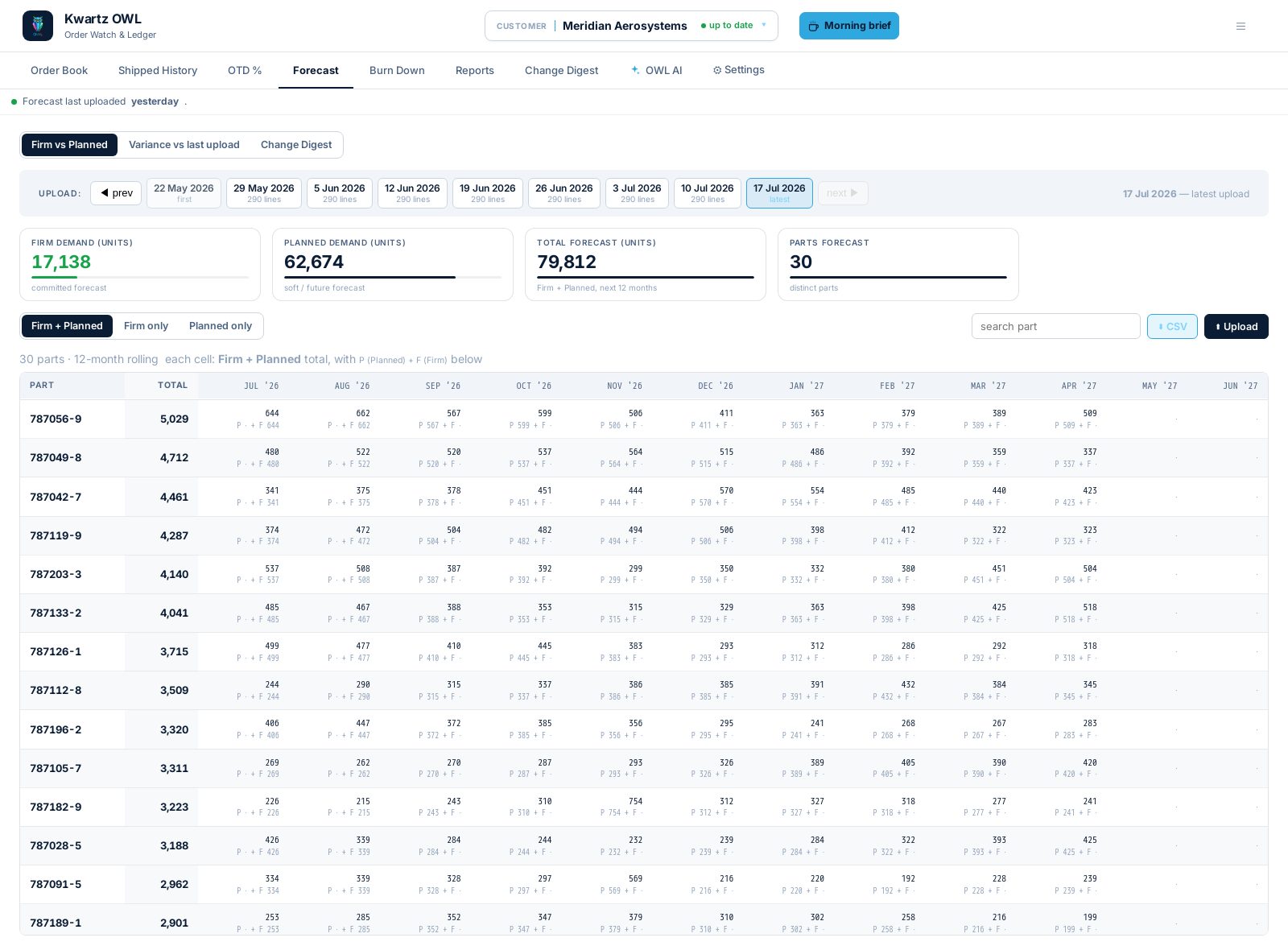 Forecast table with firm and planned demand by part and month